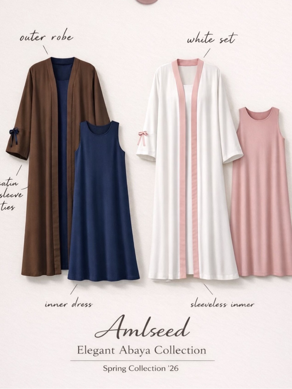 🌸 3PC Dusty Pink & White Silk Abaya Set 🤍